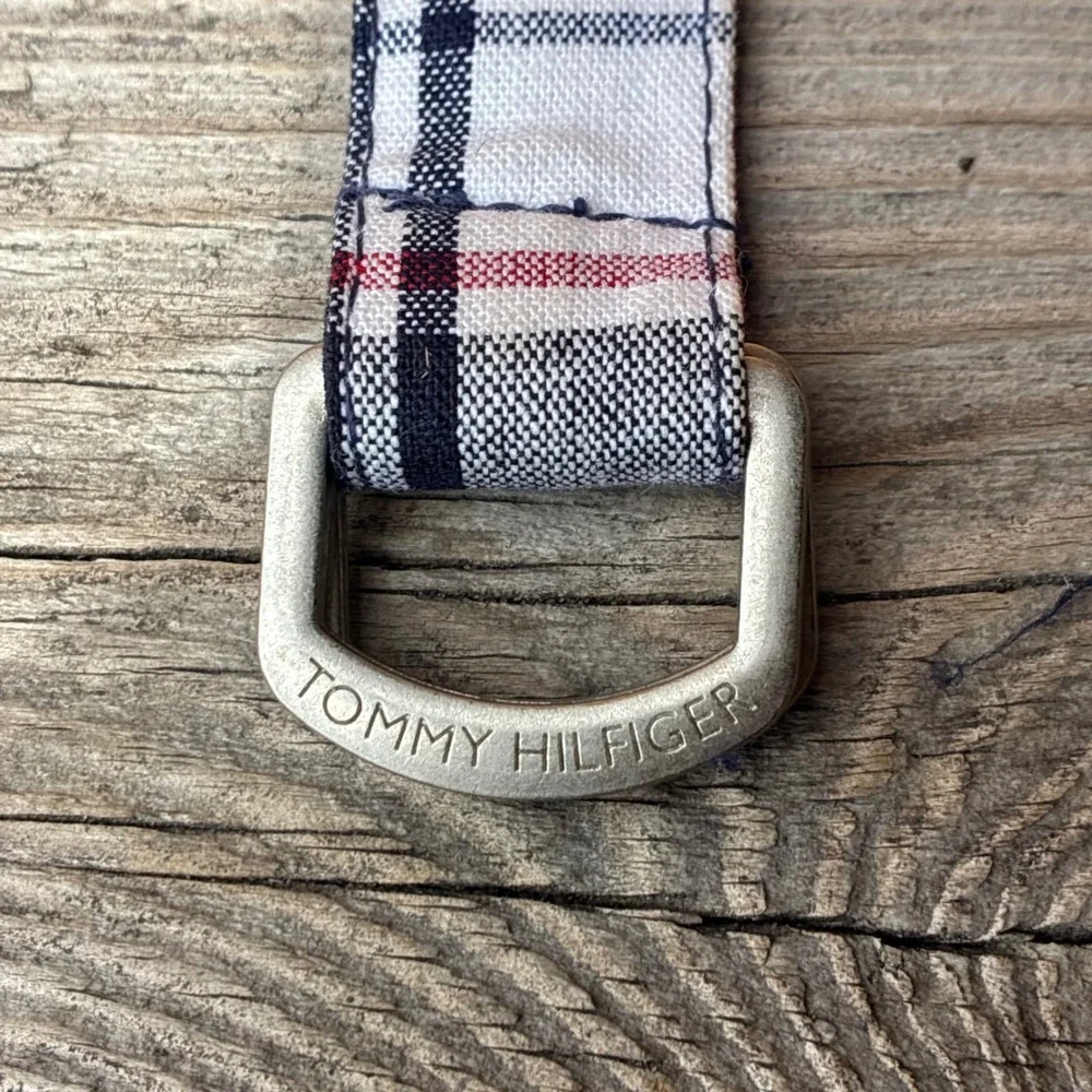 Tommy Hilfiger Belt Plaid D-Ring Webbing Navy Red White 34.5 Inch Preppy
